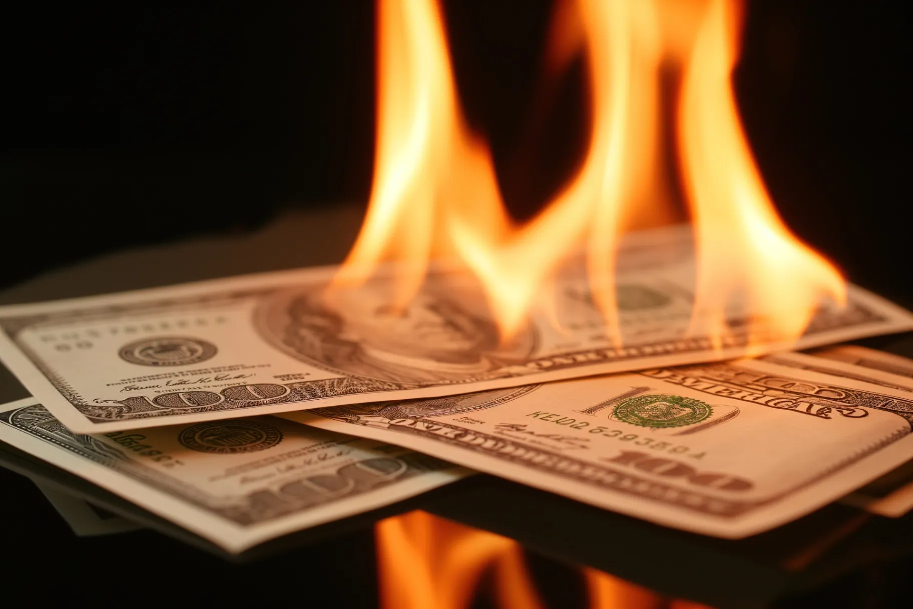 A photo showing a large stack of money engulfed in flames, symbolizing financial loss or destruction